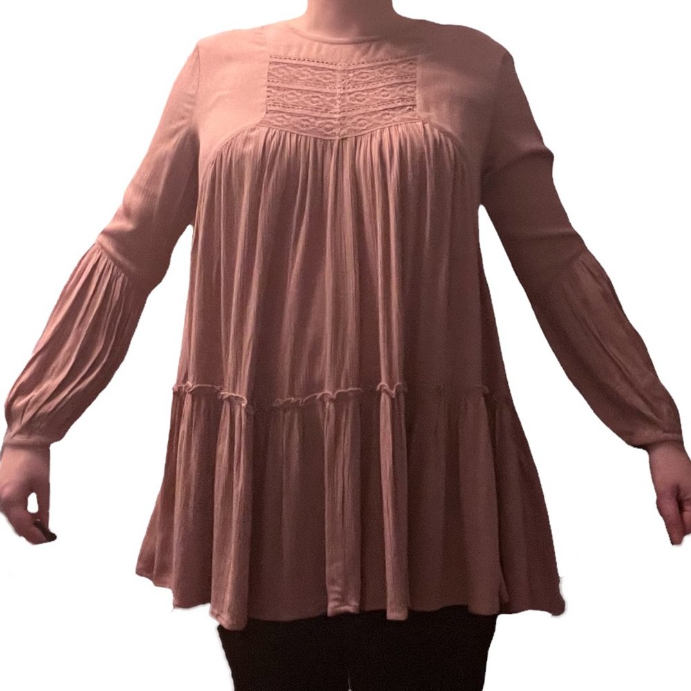Pink Prairie Tunic Top/Shirt Long Sleeve Boho Peasant Top Crocheted Details